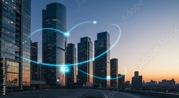 Fototapeta 5G Network Expansion in a Smart City at Dusk: Futuristic Urban Landscape with High-Speed Wireless Connectivity and Digital Infrastructure