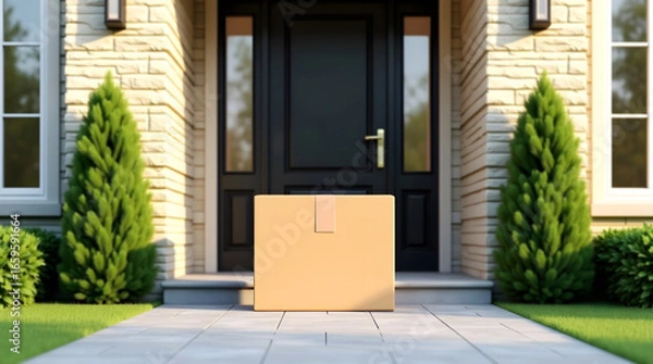 Fototapeta A delivery box on the walkway in front of a modern home with a black door