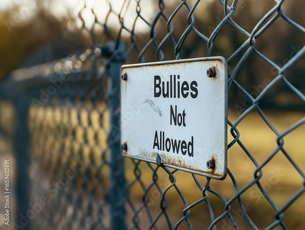 Fototapeta Metal sign anti bullying message placed on a playground fence. Social awareness message to deter bullying culture. No bullying