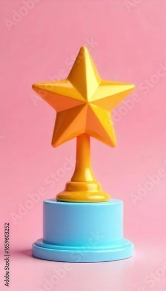 Fototapeta Pastel pink background, shiny orange star trophy on light blue base, shiny, backdrop