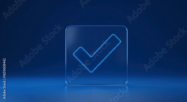 Fototapeta Confirmation of Successful Completion of Task or Project with a Digital Checkmark Icon on Blue Background
