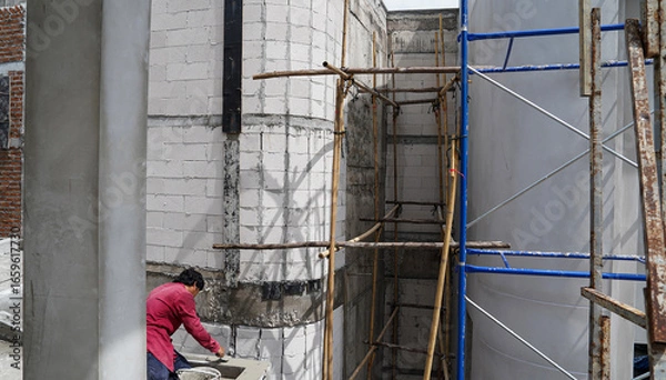 Obraz Worker working on the construction site with scaffolding and cement mortar