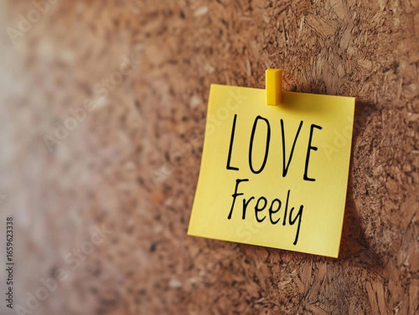 Fototapeta Two Word Inspirational Quote "Love Freely" on a yellow sticky not pinned on a corkboard message board