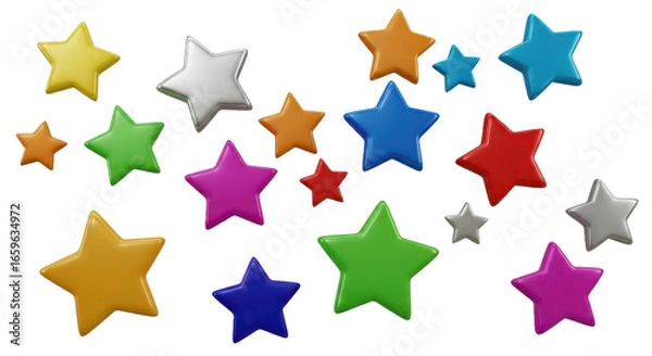 Fototapeta Colorful, glossy, 3D rendered stars of various sizes floating against a white background.