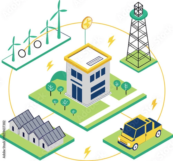 Fototapeta Vector art of isometric illustration of smart city with renewable energy