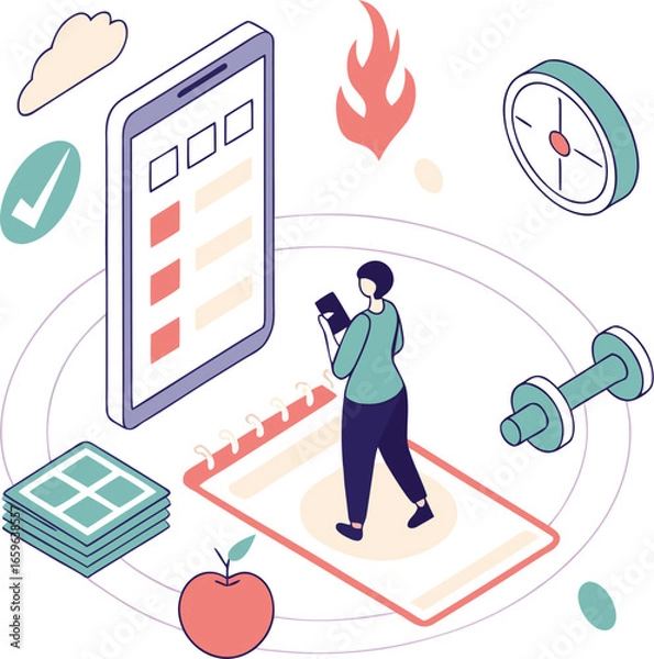 Obraz Vector art of isometric illustration of a woman planning her fitness and health routine