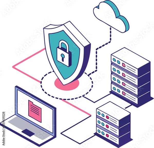Obraz Vector art of isometric illustration of secure cloud network and data protection