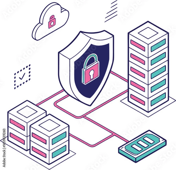 Obraz Vector art of isometric illustration of data security with cloud and server protection