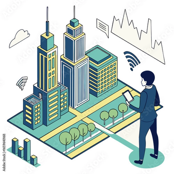 Obraz Vector art of isometric city with man using tablet