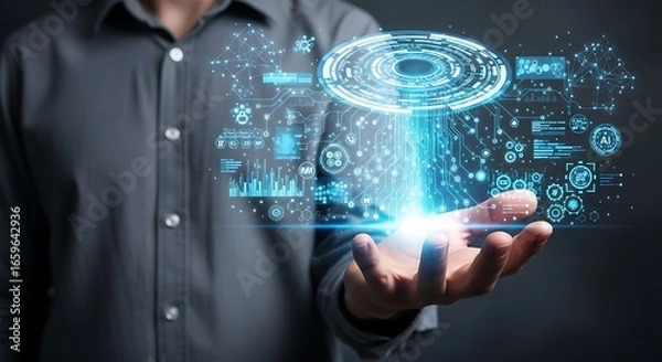 Fototapeta Futuristic technology concept with digital interface in a hand