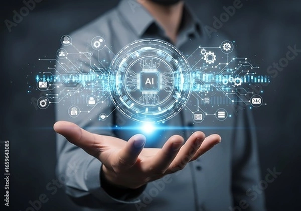 Fototapeta Man holding digital ai circuit board technology concept