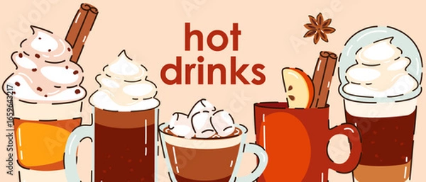 Fototapeta Banner with autumn, winter hot drinks. Pumpkin latte, hot chocolate, coffee with cream, cocoa with marshmallow. Background with drinks. Vector illustration.