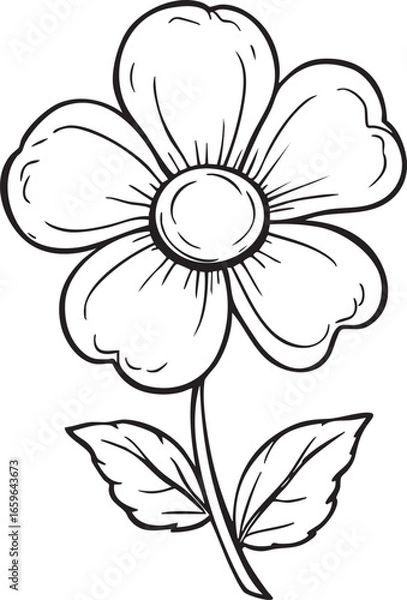 Fototapeta Five-Petal Flower Silhouette with Leaves and Stem for Botanical, Nature, Spring, Garden, and Decorative Design Themes