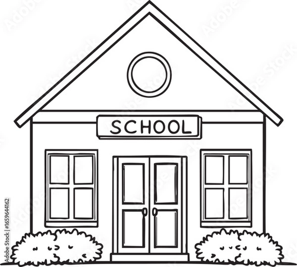Fototapeta School Building Silhouette with Roof, Windows, and Bushes for Education, Learning, Campus, and Institutional Themes