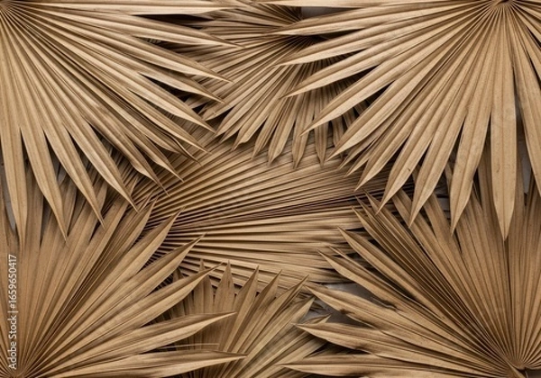 Fototapeta Textured Tapestry of Overlapping Dried Fan Palm Fronds Creating a Natural Geometric Pattern.
