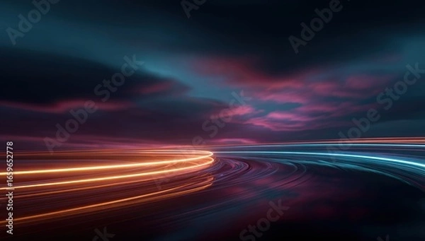 Fototapeta Colorful light trails on a futuristic highway at dusk