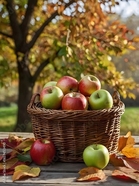 Fototapeta Wicker basket overflowing with freshly picked apples in autumn orchard
