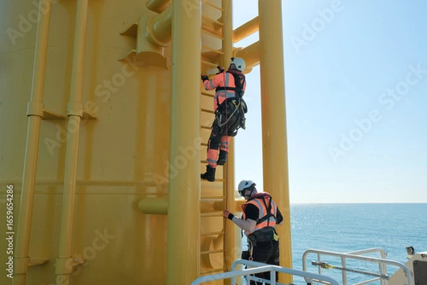 Fototapeta Offshore Rigger Technician Climbing Yellow Wind Turbine Monopile Ladder During Wind Farm Construction Maintenance, GWO Work On Height