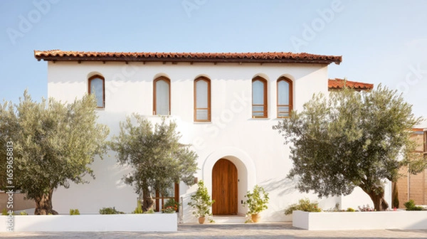 Fototapeta Frontal view of a single-family Mediterranean house with olive trees in soft sunlight