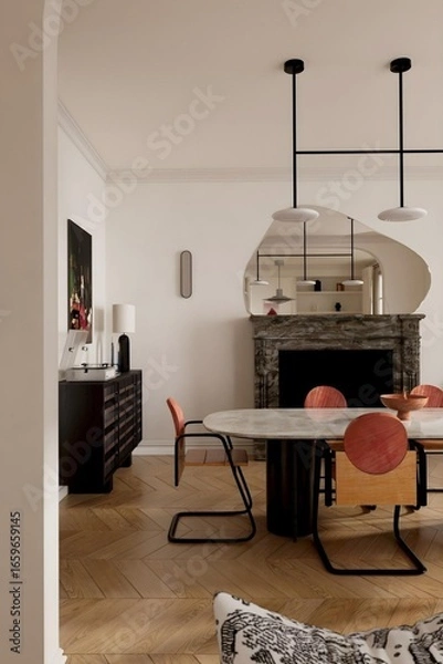 Fototapeta Fabulous and modern kitchen with a stylish kitchen table in a luxurious design style..