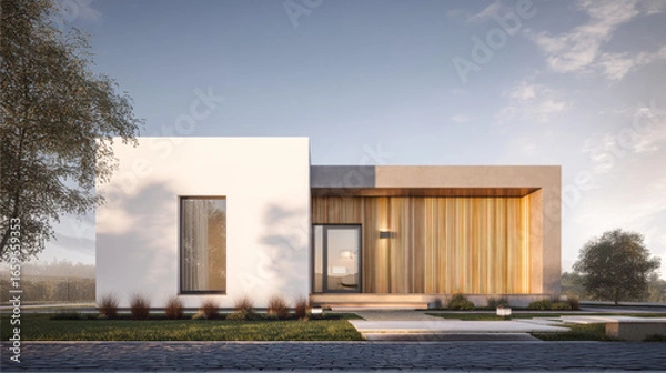 Fototapeta Minimalistic Scandinavian style house facade showcasing natural materials and design harmony