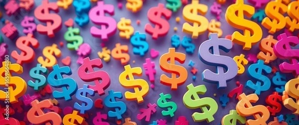 Fototapeta Abstract colorful money symbols forming a dynamic composition representing finance and commerce,  success,  banking