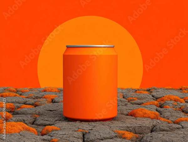 Obraz Vibrant orange can stands prominently against striking orange sun, set against textured gray surface resembling volcanic rock. scene evokes energy and vitality