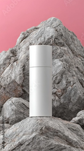 Fototapeta Minimalist skincare bottle stands elegantly on textured stone, showcasing modern design against soft pink background. contrast highlights luxury and simplicity of product