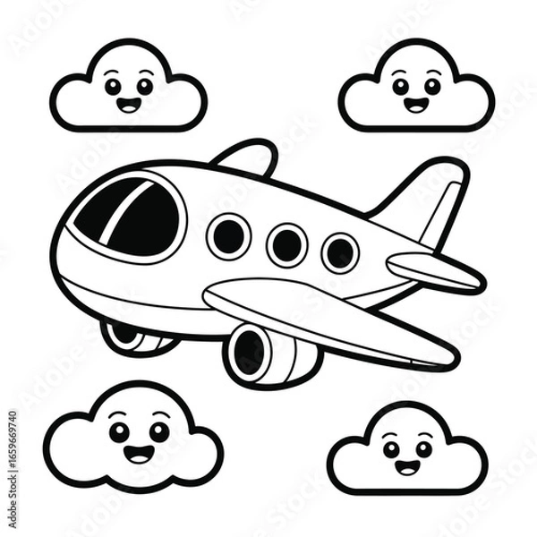 Fototapeta Outline Airplane and Smiling Clouds for Coloring Book aircraft