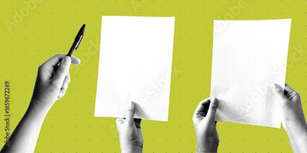 Fototapeta  Monochrome vector collage with hands holding blank notebooks. Halftone dot effect, retro style with transparent background. For posters, zines, social media,  DIY art projects. 