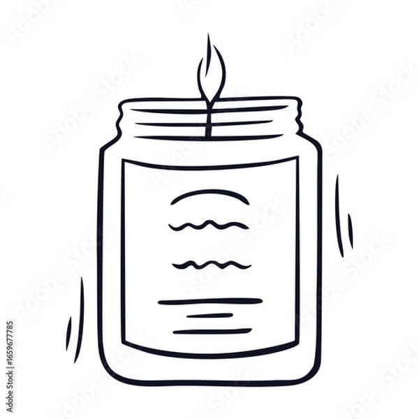 Fototapeta Simple black and white outline drawing of a burning candle in a jar with a label, perfect for concepts of relaxation, home comfort, and aromatherapy. Vector illustration	
