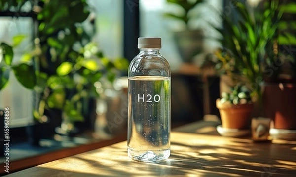 Obraz Clear, reusable water bottle filled with fresh water, labeled with the chemical formula H2O, symbolizing hydration and emphasizing the importance of water for health and well-being, Generative AI