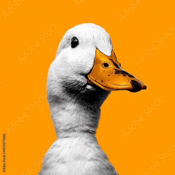 Fototapeta A duck with a yellow beak is standing on a yellow background