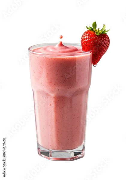 Fototapeta Lush rose-pink strawberry banana smoothie in frosty glass, dewy strawberry half on rim, isolated on transparent, studio light, concept of refreshing culinary perfection