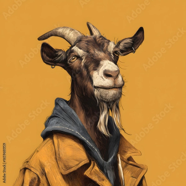 Obraz A goat wearing a blue hoodie and a yellow jacket