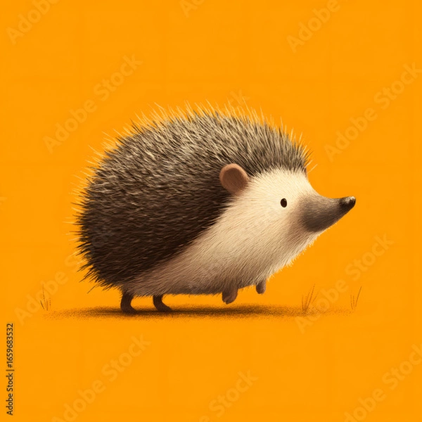 Obraz A cartoon hedgehog is standing on a yellow background