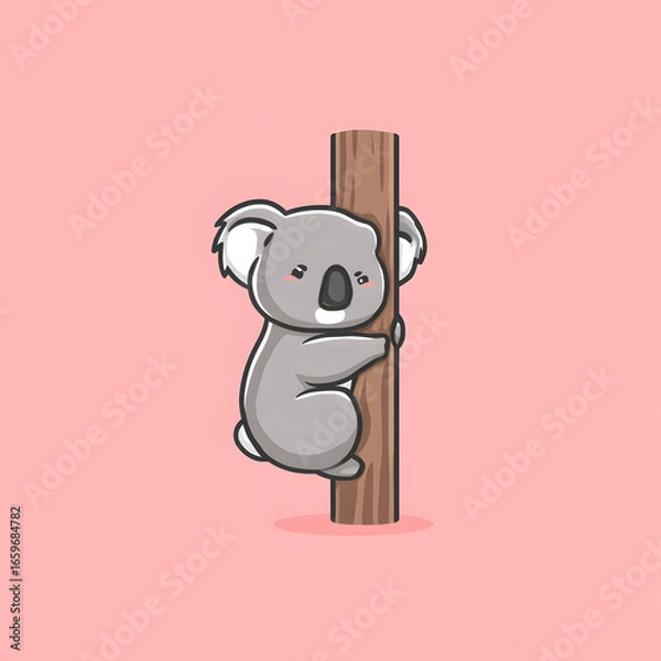 Obraz A cartoon koala is holding onto a wooden post