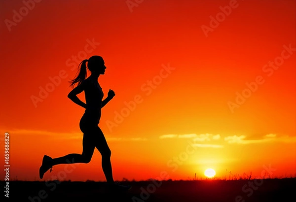 Fototapeta the silhouette of a running girl in profile, against the bright dawn sky