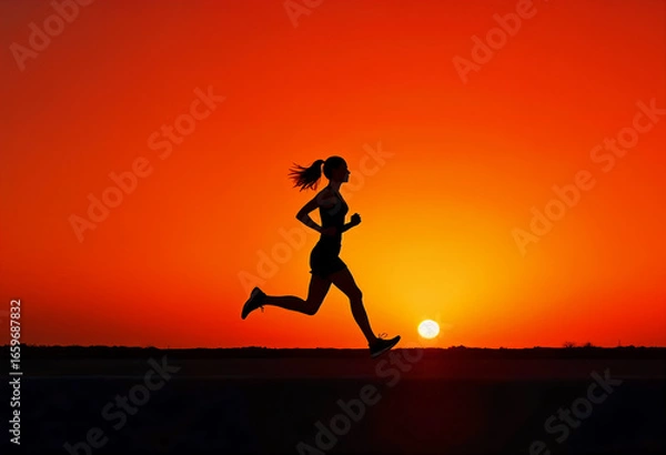 Fototapeta the silhouette of a running girl in profile, against the bright dawn sky