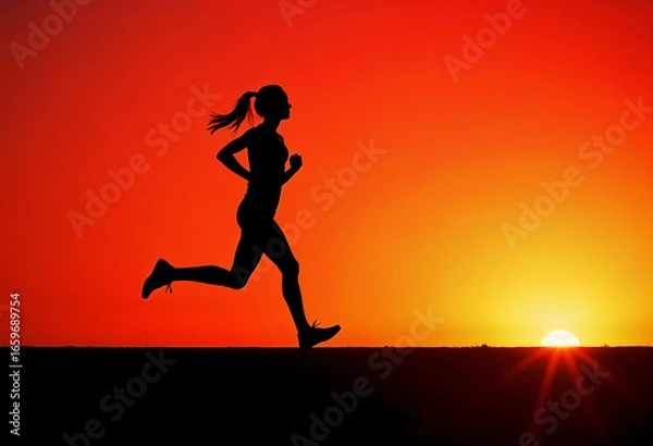 Fototapeta the silhouette of a running girl in profile, against the bright dawn sky