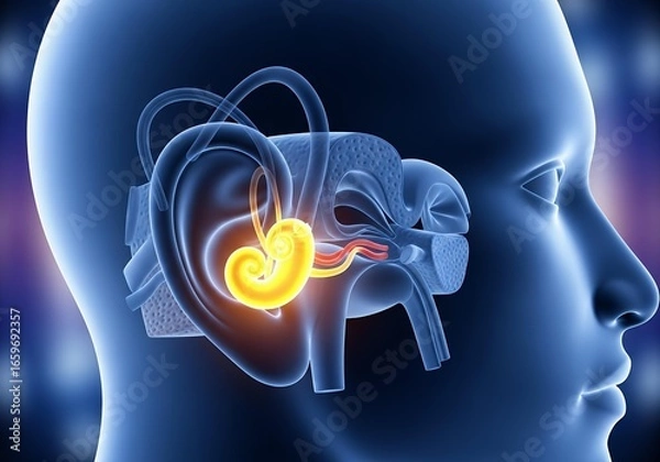 Obraz Detailed 3D illustration of human ear anatomy showcasing cochlea and auditory nerves