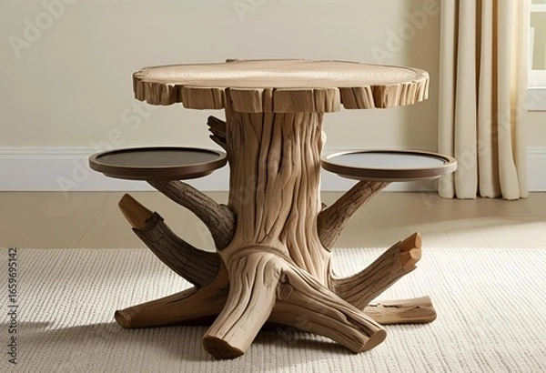 Obraz Artistic tree trunk inspired side table offering unique natural aesthetics and practical surface space for rustic home decor.