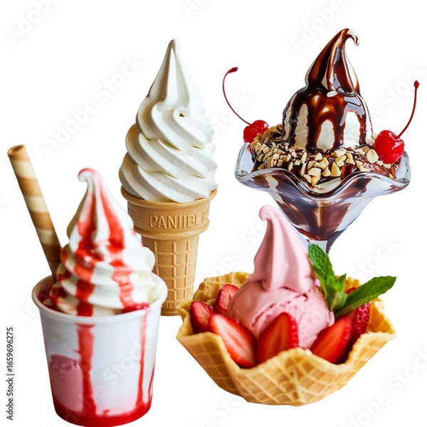 Fototapeta Strawberry and vanilla ice cream with fruits in a sweet and colorful dessert cup