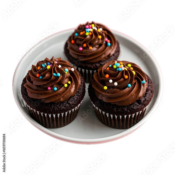 Fototapeta Delicious chocolate cupcakes with icing on a white background