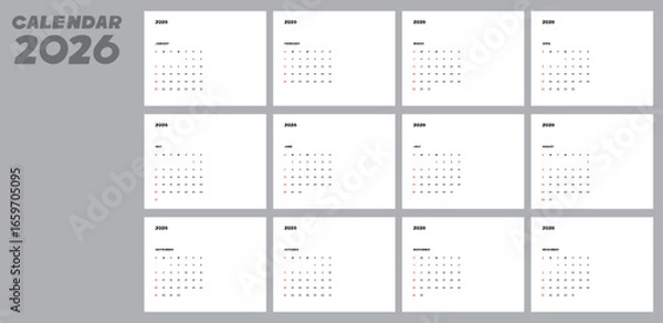 Fototapeta 2026 Calendar with 12 Monthly Template Horizontal Format