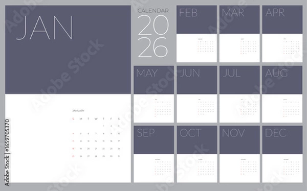 Fototapeta 2026 Calendar Template with 12 Monthly Layout in Grey Color
