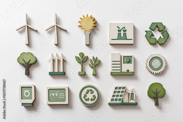Fototapeta flat lay of sustainable energy icons including wind turbines, eco gear, SDG badges on white background, clean energy concept highlighting climate-friendly renewable resource technology