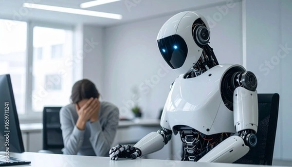 Fototapeta A robot offers comfort to a person who appears distressed at the office