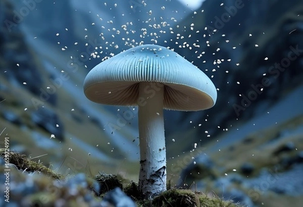Obraz Magical Mushroom An ethereal scene of fungi and shimmering particles in a mystical landscape.