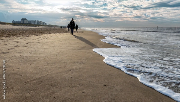 Fototapeta Scenic view of a sandy beach with gentle ocean waves and upcoming tidal waves in the foreground. The scene is lite by a soft December winter sun.